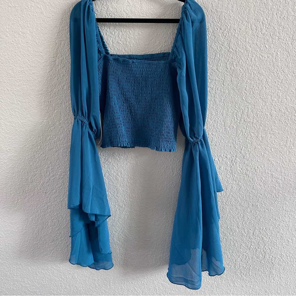 Teal Smocked Crop Top NWT Sheer Bell Sleeve Boho Cottagecore Festival Top M - Picture 7 of 16